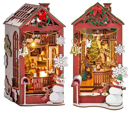 Rolife Book Nook Kit Noël Rue et Intérieur Puzzle 3D en Bois Booknook kit avec Arbre de Noël et Meubles Etagères Décoration Cadeau pour Adultes et Adolescents (Scène Intérieure de Noël)