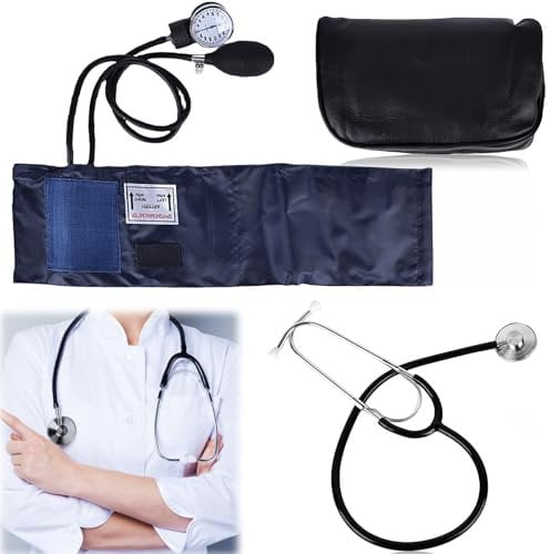 Manuelles Blutdruckmanschette und Stethoskop Kit, Professionelles Oberarm Aneroid-Blutdruckmessgerät mit Einkopf-Stethoskop, Erwachsenen-Manschette, Pumpball, Tragetasche für Hause, Schwarz