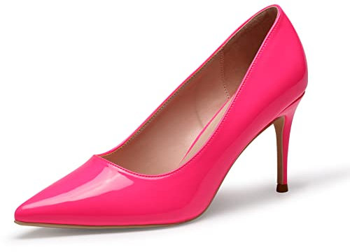 GENSHUO Damen Stiletto High Heels, Sexy Geschlossene Spitze Zehen Lackleder Stiletto Pumps 8cm Klassische Party Prom Hochzeit High Heel Pumps für Frauen Fuchsia Größe 38 EU