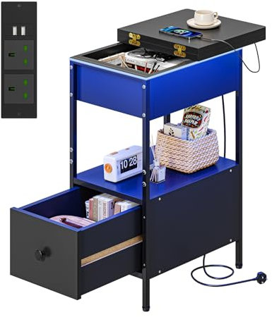 Dripex Slim 30cm Side Table, Narrow Bedside Table with Charging Station, Strip Light, Flip-Up Tabletop, Wooden Drawer, LED Compact Black Cabinet Perfect for Small Space