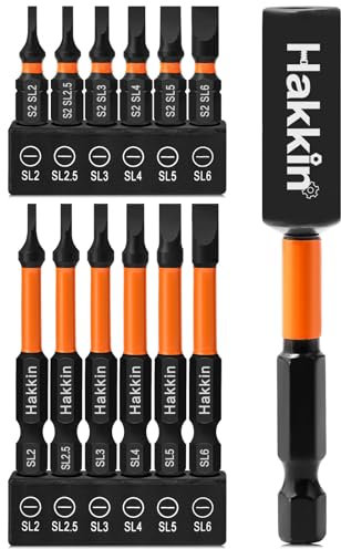 Hakkin 13Pcs Slotted Tip Screwdriver Bits S2 Steel Flat Head Magnetic Screwdriver Bit Set 60mm 25mm 1/4” Hex Shank Screwdriver Bit with 75mm Bit Holder Impact Power Tool Bit Set