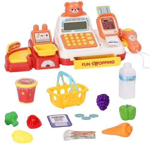 Yosamy Caisse enregistreuse de Jeu pour Enfants, Mini Caisse enregistreuse Enfants avec Panier à provisions, Caisse enregistreuse Jouet 25 pièces, Accessoires de Magasin Jeu de rôle pour Enfants