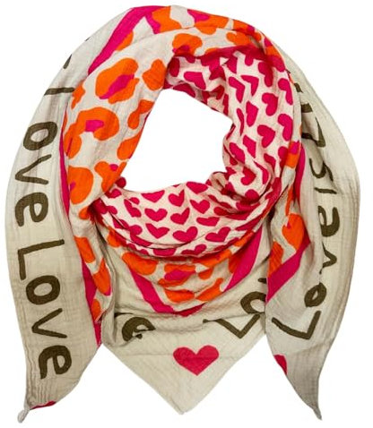 XL Dreieck Strickschal Herz Leopard Frühling Schal 100% Baumwolle Made in Italy Fashion Tuch Dreieckschal Stola Herbst Frühling Tuch Leo Love is Love Happy (Love BeigePink)