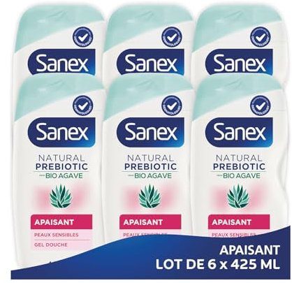 SANEX - Gel Douche Bio Agave Apaisant - Pour Peaux Sensibles - Prébiotique Naturel Issu de l’Agave Bio - Hydrate & Apaise la Peau - Hydratation 12h - Lot de 6 x 425ml