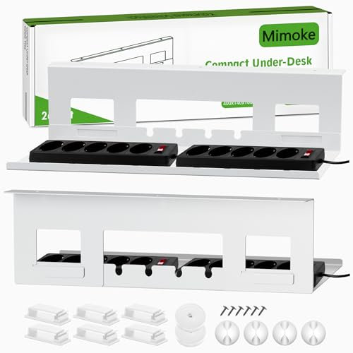 Mimoke Juego de 2 bandejas de gestión de cables, de acero negro, organizador de cables para escritorio de pie, caja de cables y enchufes, revestimiento de polvo, fácil montaje (blanco)