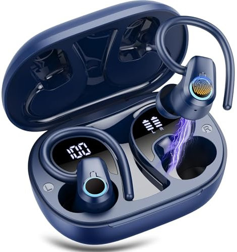 Wireless Earbuds, Bluetooth 5.3 Headphones with 4 ENC Noise Canceling Mic, 50H Stereo Dual LED Display Ear Buds, Sport Bluetooth Earphones with Earhooks, IP7 Waterproof Wireless Headphones Gym, Blue