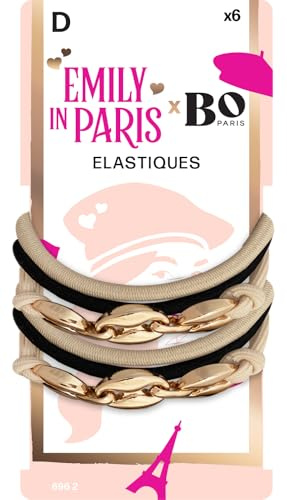Emily in Paris x Bo Paris Haargummi x6 - Beige & Schwarz Töne - Golddetails - Chic Frisur Zubehör - Pariser Stil - Weiches & elegantes Outfit - 1 Stück