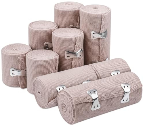 Teokantz 9 Stück Elastische Bandage, Kompressionsbinden Elastischer Verband mit Metallclips, Elastische Medizinische Fixierbinde für Handgelenke Knöchel Knie - 3 Größen