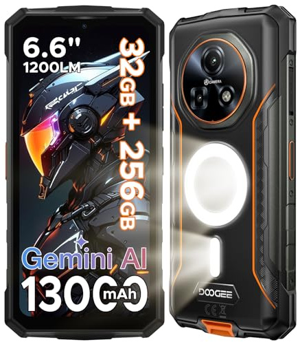 DOOGEE Fire5 Ultra Téléphone Portable Incassable, 13000mAh Telephone Incassable 32Go+256Go Android 15 Smartphone Incassable, 48MP+8MP,1200LM Lampe Camping,6.6HD+ 90Hz,Face ID/Fingerprint/Dual SIM/NFC