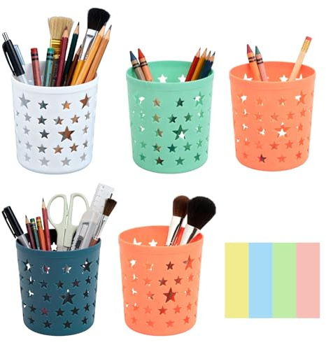 Lifreer 5PCS Pen & Pencil Pots, Hollow Star Pen & Pencil Holder for Desk | Desk Tidy Organisers, Stationery Storage, Home Office, With 400 Sticky Notes for Office School Classroom Home