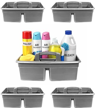 simpa Large Silver Plastic Multipurpose Cleaning Kitchen Household Carry All Caddy Basket Tray with Handle - Set of 5