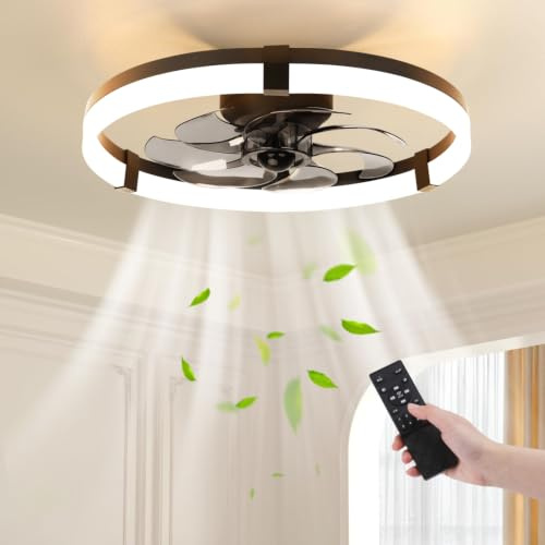 Aigostar 50cm Ceiling Fan with Light and Remote, 6 Speeds and 3000K-6500K Dimmable Quiet LED Fan Light, Modern Flush Mount Low Profile for Bedroom Living Room Dining Room, Black