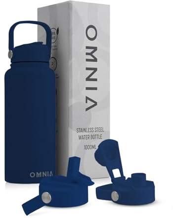 OMNIA Vacuum Insulated Stainless Steel Water Bottle, 2 Lids (Straw & Spout) Leakproof, BPA-Free, Reusable Flask for Sports, Gym, Travel, Outdoors Slate Blue, 1000ML
