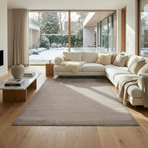 Jimri Flauschiger Teppich Läufer - Hochwertiger Kurzflor für Zuhause, Büro, Küche, Eingang, Flur, Wohnzimmer - Maschinenwaschbar - Rutschfester Teppich Waschbar - 80x150 cm - Taupe