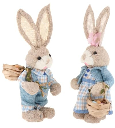PawwJoy Adornos de Paja de Pascua, Estatuilla de Conejo de Primavera, Conejo de Paja Artificial para Decoración del Hogar, Boda, Vacaciones- Estilo D