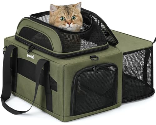 Pecute Transportbox Katze erweiterbar, 2-Fach Katzentransportbox, Grün