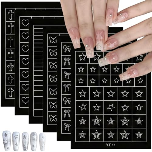 6 Blatt Lochmuster Nagelaufkleber, Nagelsticker, Airbrush Schablonenaufkleber für Nägel, Dekoration Nageldesign Zubehör, DIY, Karo, Herz, Fünfstern, Kreuz, Schleife, Schmetterling
