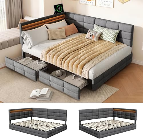 Polsterbett Schlafsofa 140x190 cm,Jugendbett 140x190 mit LED und USB Ladestation,Daybett Tagesbett mit 2 Schubladen,Kinderbett Sofabett Gästebett Bettgestell mit Lattenrost,Leinen,Ohne Matratze