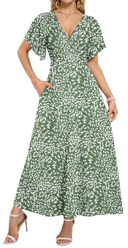 WNEEDU Long Summer Dresses Women UK Elegant Deep V Neck Maxi Wrap Dress