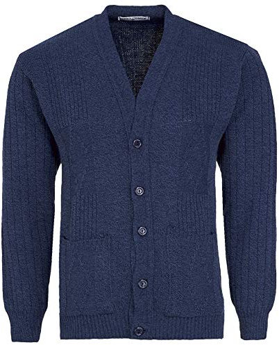Mens Knitted Cardigan Classic Style Cardigans V Neck Button Jumper Plain Coloured (Large, Navy)