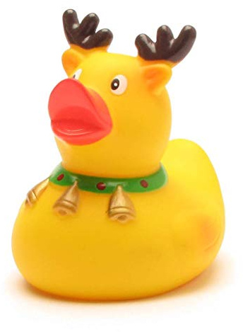 DUCKSHOP I Badeente Rentier mit Glöckchen I Quietscheente I Quietscheentchen I L: 8 cm I Geschenk Weihnachten I Präsent Nikolaus