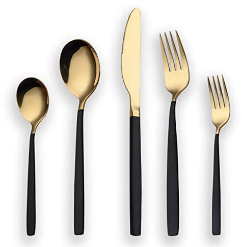 Berglander 30 Stück Edelstahl Besteck Set, Schwarzer Griff mit Gold Mund Gemischte Besteck Set Service für 6 (Schwarz, Golden)