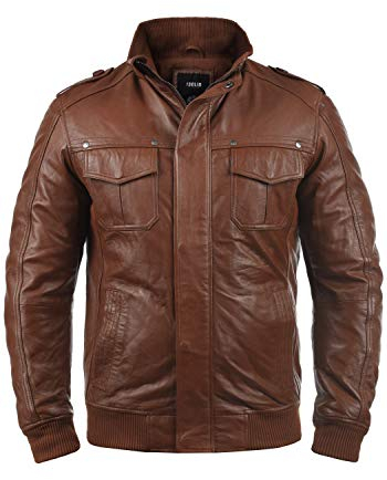 !Solid SDCamash Herren Lederjacke Bikerjacke Echtleder Jacke mit Stehkragen Eingrifftaschen Rippbündchen 100% Schafsleder Regular fit, Größe:M, Farbe:Golden Bro (5063)