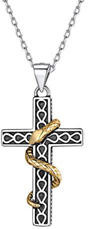PROSTEEL Collier Kreuz mit Schlange 925 Silber Äskulapstab Schlangenstab Anhänger Halskette für Damen Mädchen 46cm/1,5mm Rolokette Modeschmuck Accessoire
