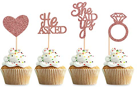 Unimall 48Pcs Rose Gold Glitter Er fragte sie sagte Ja Cupcake Toppers Diamantring Herz Kuchen Picks für Hochzeit Verlobung Brautdusche Kuchen Picks Bachelorette Party Dekorationen