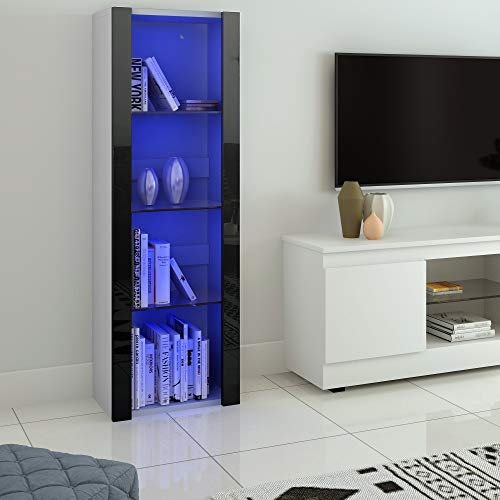 Panana High Gloss Tall Display Cabinet Wood Cupboard Sideboard Free Standing Storage Unit with Glass Shelves RGB LED Lights Living Room White (Front Black)