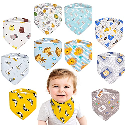 MOLENKY Lätzchen Mit 2 Verstellbares Druckknopf, 10er Set, 100% Baumwolle Dreieckstuch für Junge Mädchen, Halstuch, Weiche & Absorbierende, Halstücher Drool Lätzchen