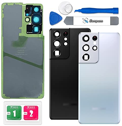 Eonpam Scocca Vetro Posteriore Sostituzione per Samsung Galaxy S21 Ultra SM-G998 Originale Coperchio Copribatteria con Vetro Fotocamera+Ricambio Kit(Argento)