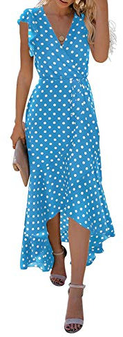GRECERELLE Womens Summer Maxi Dress Boho Floral Cocktail Polka Dot Wrap Dresses V Neck Casual Party Bohemian Flowy Long Dress for Ladies (Polka Dots-Light Blue, L)
