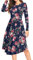 YUNDAI Women Summer Midi Dress Long Sleeve Ladies Dress Crew Neck Floral Plain Beach Party Dresses with Pocket