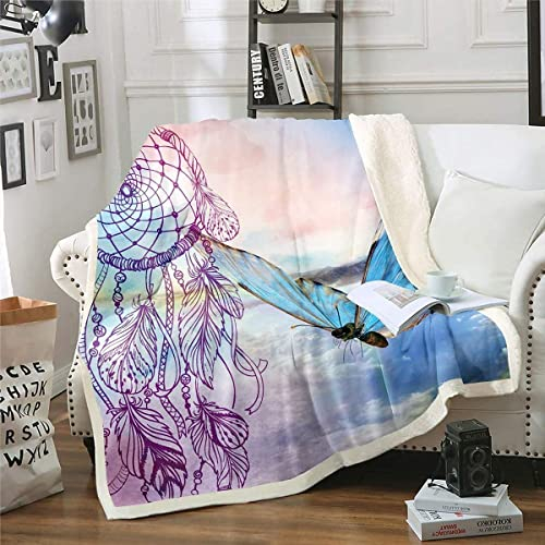 Loussiesd Bohemian Traum Fänger Fleece Decke 75x100cm mit 3D Blau Schmetterling für Kinder Erwachsene Boho Wohndecke Tribal Traum Fänger Verschwommen Kuscheldecke für Schlafsofa Couch