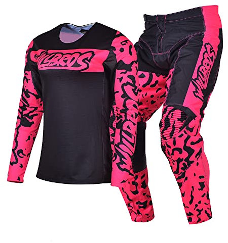 Willbros Damen Motocross Jersey Hose Kombination MX Dreckiges Fahrrad Offroad BMX ATV Radfahren Reiten Schwarz Rosa (Jersey L/Hose 34)