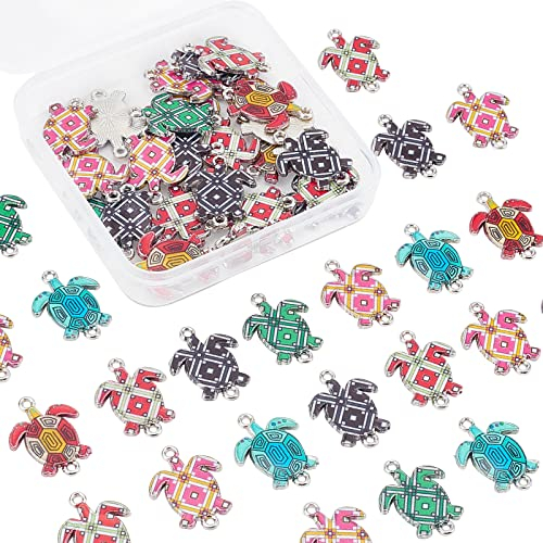 SUNNYCLUE 1 Box 50Stück 6n Schildkröten Anhänger Schildkröten Anhänger Meer Ozean Stil Bunte Tierlegierung Emaille Glieder Anhänger Für Die Schmuckherstellung Charms DIY Armbänder Gemischte