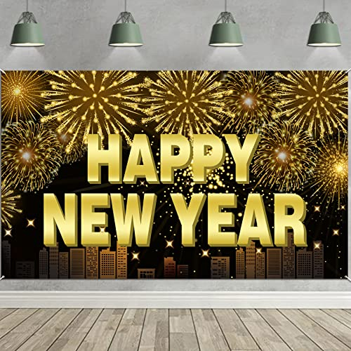 HOWAF Silvester Deko 2025 Neujahrs Banner, Extra Große Happy New Year Banner Frohes Neues Jahr Banner Stoff Foto Hintergrund Banner für Neujahr Deko 2025 Silvesterparty Silvesterdekoration, 185x110cm