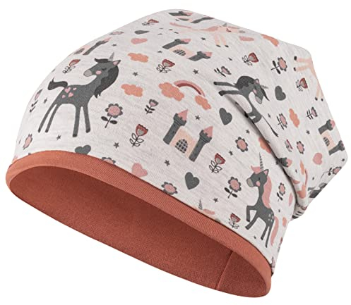 Mädchen Mütze Beanie Übergangsmütze Stoffmütze Zwillinge Waldwiese Einhorn, Größe: 54/56, Farbe: beige/rost