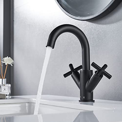 Grifo mezclador para lavabo, grifo mezclador moderno para lavabo de baño, caño giratorio de 360° con mangueras estándar del Reino Unido, color negro