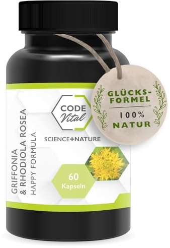Griffonia & Rhodiola Rosea HAPPY FORMULA - 100% natürliche Glücksformel | Regt die Serotonin Produktion an | Alternative zu Stimmungsaufhellern | + ausgleichender Rosenwurz | 60 Kapseln