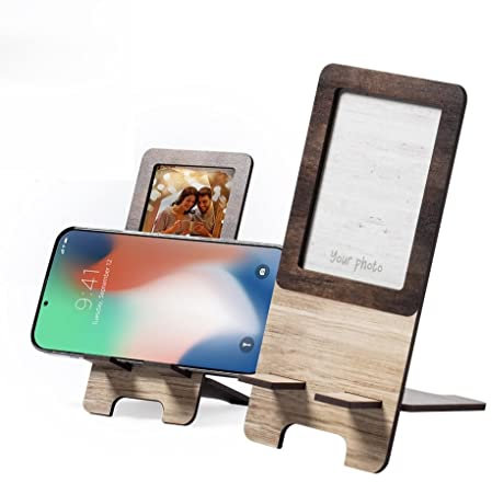ANTEVIA - Support téléphone Portable de Bureau en Bois avec Cadre Photo | Plus DE 10 MODÈLES | Mains Libre Table Smartphone Tablette Écologique (Vappe)