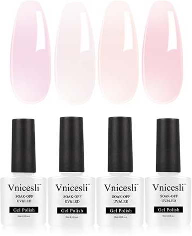Vnicesli UV Nagellack Natur Gel 4er-Pack durchscheinender Jelly-Kristall Semi-permanenter Gel Lack Natürliche Farben Milchig Rosa Nackt Gel Nagellack Maniküre DIY Kit 4 x 10ml