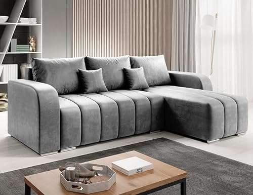 MODERNO Pufetto Ecksofa mit Schlaffunktion Bettzeugbehälter, Eckcouch Schlafsofa Wohnzimmer Schlafzimmer, Möbel Sofas & Couches, Sofa Schlafcouch Couch Velours Grau 86x245x147cm