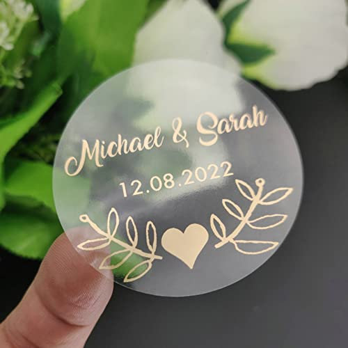 100 adesivi trasparenti in oro lucido personalizzati, etichette souvenir per feste, decalcomanie personalizzate per matrimonio, fidanzamento, anniversario, compleanno (oro, 3 cm)
