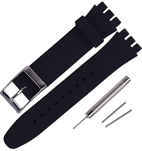 Rihahisy Bracelet de montre en silicone avec boucle en acier inoxydable argenté de rechange pour Swatch (19 mm, noir)