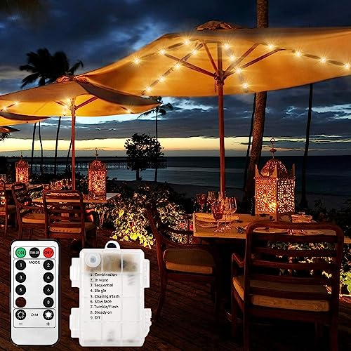 SUAVER Sonnenschirm-Lichter, 8 Modi, Terrassenschirm-Lichter, 104 LEDs, Lichterkette mit Fernbedienung/Timer/dimmbar, wasserdicht, batteriebetrieben, Hängeleuchte für den Außenbereich, Terrasse,