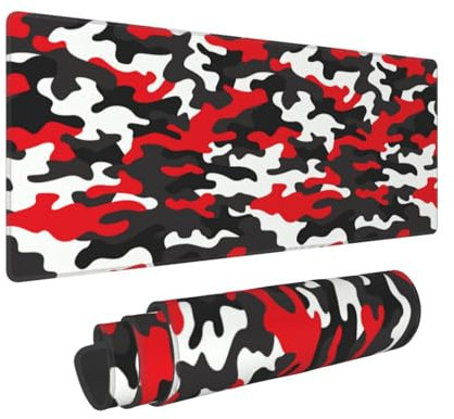 Grand tapis de souris motif camouflage, rouge et noir, taille XL, base en caoutchouc antidérapant, bords cousus, 80 x 30 cm