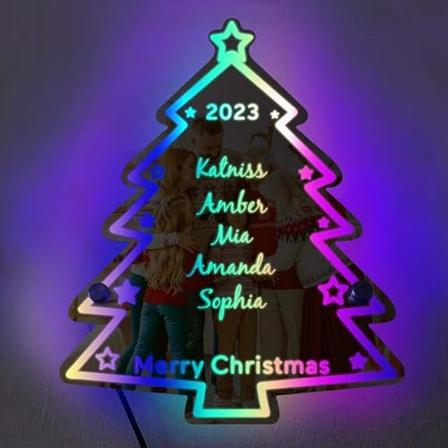 VEELU Personalized Custom Name LED Light Up Mirror, Christmas Tree Wall Decor for Bedroom, Living Room, Custom Name Sign Light for Mom, Wife, Girlfriend