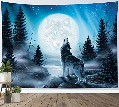 LB Wandteppich Wolf Wandtuch Wildtier im Bergwald Wandbehang Mond am blauen Himmel Tapisserie für Wohnzimmer Schlafzimmer Wohnheim Wanddeko,150x100cm